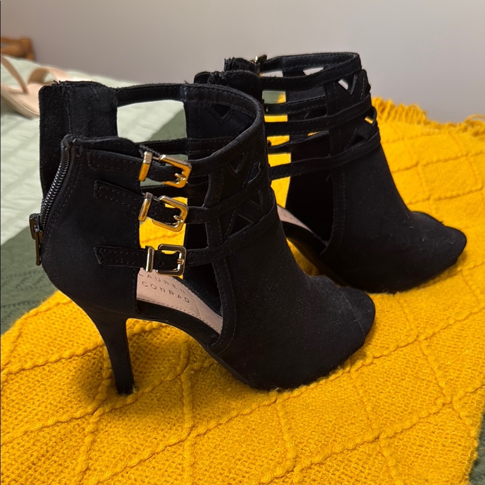 LC Lauren Conrad Black Heeled Boots with Gold Buckles